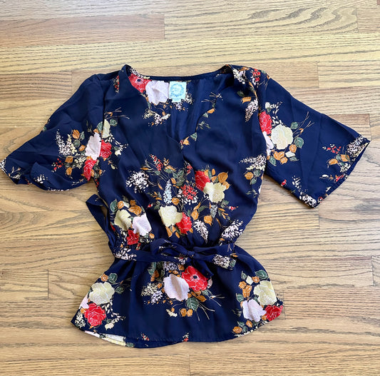 #198- Women’s, Blue Rain, Navy Floral Top- Size XXS