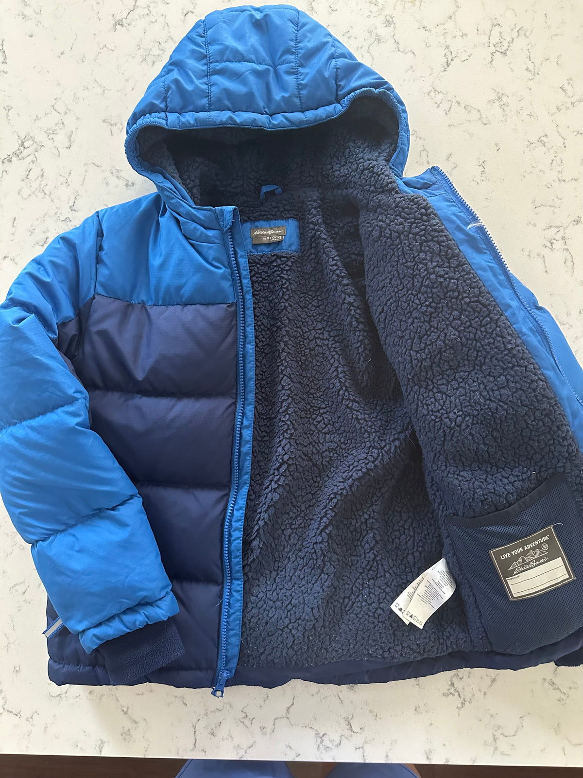 Seller 42, Eddie Bauer Sherpa Lined Down Winter Coat, Blue, Boys 10/12