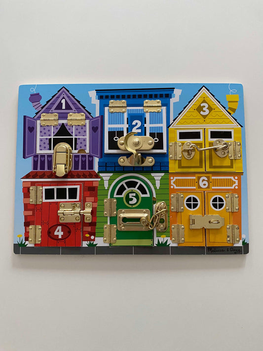 #117, Melissa & Doug wooden latch board puzzle, EUC