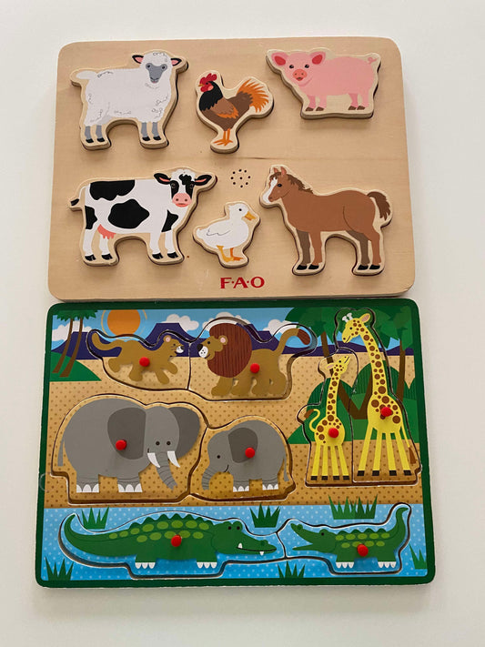 #117, Farm & Zoo Animal wooden puzzles, GUC