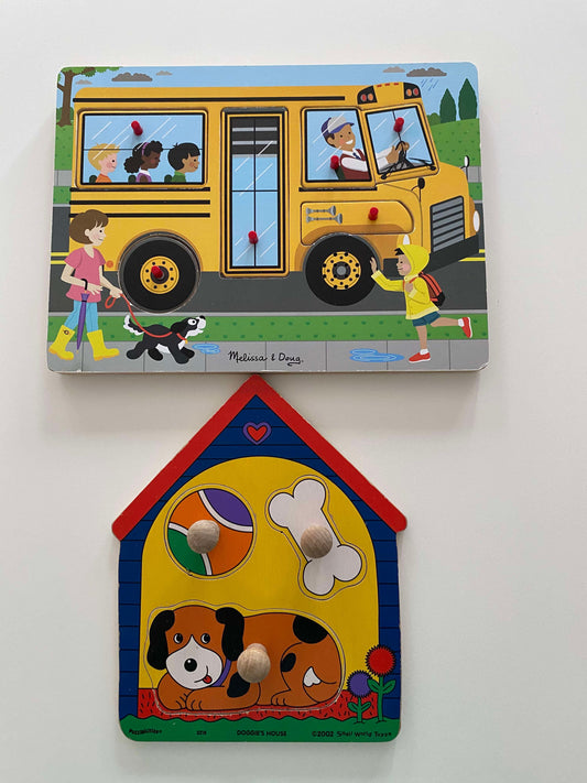 #117, Melissa & Doug wooden bus musical puzzle and Doggies House puzzle