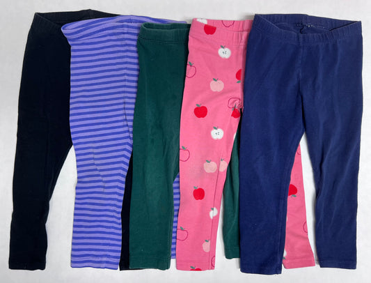 2T girls leggings bundle: black, purple stripe, navy, apple print on coral, and dark green. Carters, Old Navy, Cat & Jack, Circo brands. VGUC/GUC.