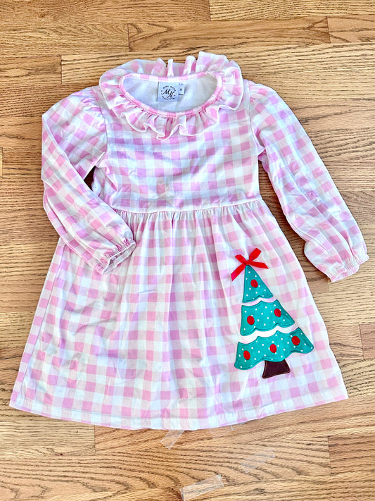 #98- Girls, Marie Nicole, Pink Christmas Tree Dress- Size 5/6