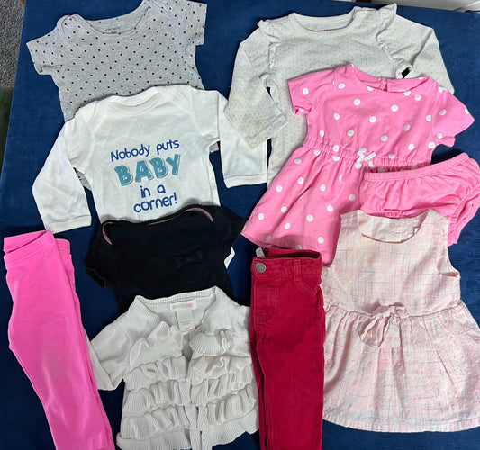 Baby girl bundle, 3-6, 6, 6-9 months: pink dresses, white, black, grey onsesies, white cardigan, pink & red pants.