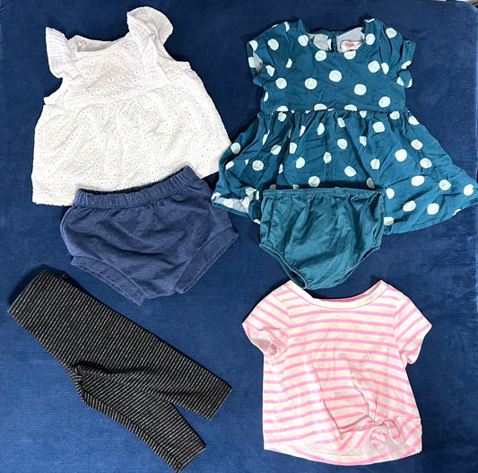 12mo baby girl bundle: black/silver leggings, navy shorties, white eyelet top with ruffle shoulders, teal polka dot dress with diaper cover, pink/cream striped shirt