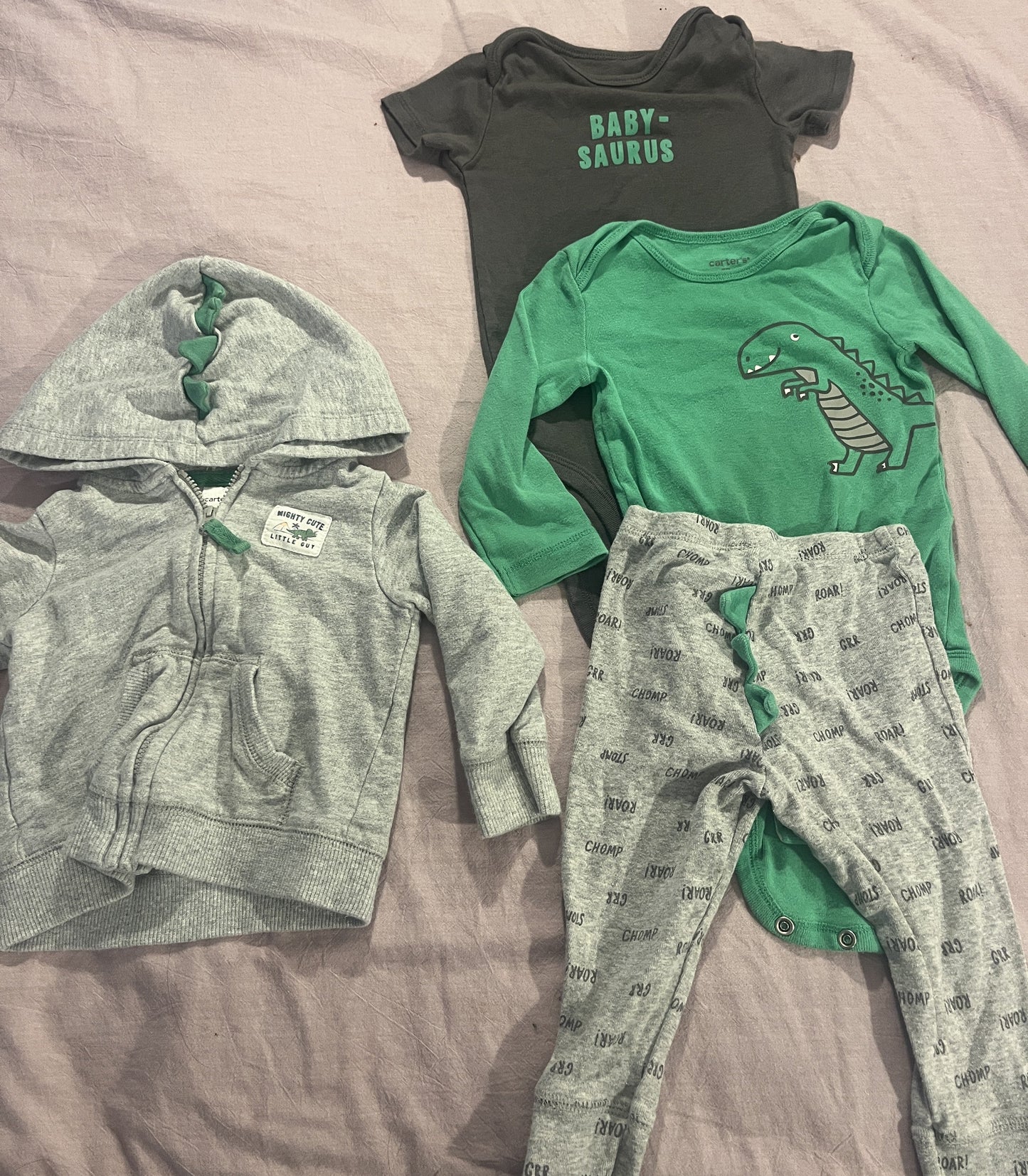#211 Carters Boys 12m Dino Bundle of 4 Onesie/Pants/Jacket