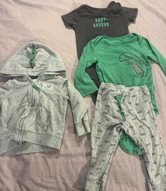 #211 Carters Boys 12m Dino Bundle of 4 Onesie/Pants/Jacket