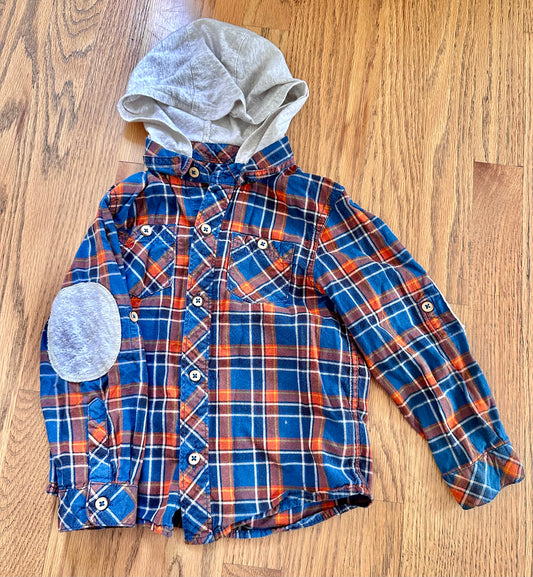 #98- Boys, OshKosh, Blue & Orange Hooded Shirt- Size 4