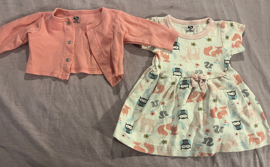 #211 REDUCED 0-3m Forest Animals Cardigan and Dress Set