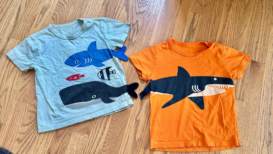 #98- Boys, Amazon, Blue & Orange Shark Shirts- Size 4