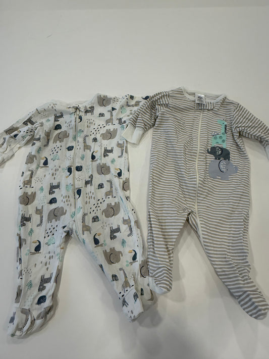 #9 -  Gerber -  3 Zipper Sleep N Plays Beige Animal & Blue Space Infants SIZE  0-3M