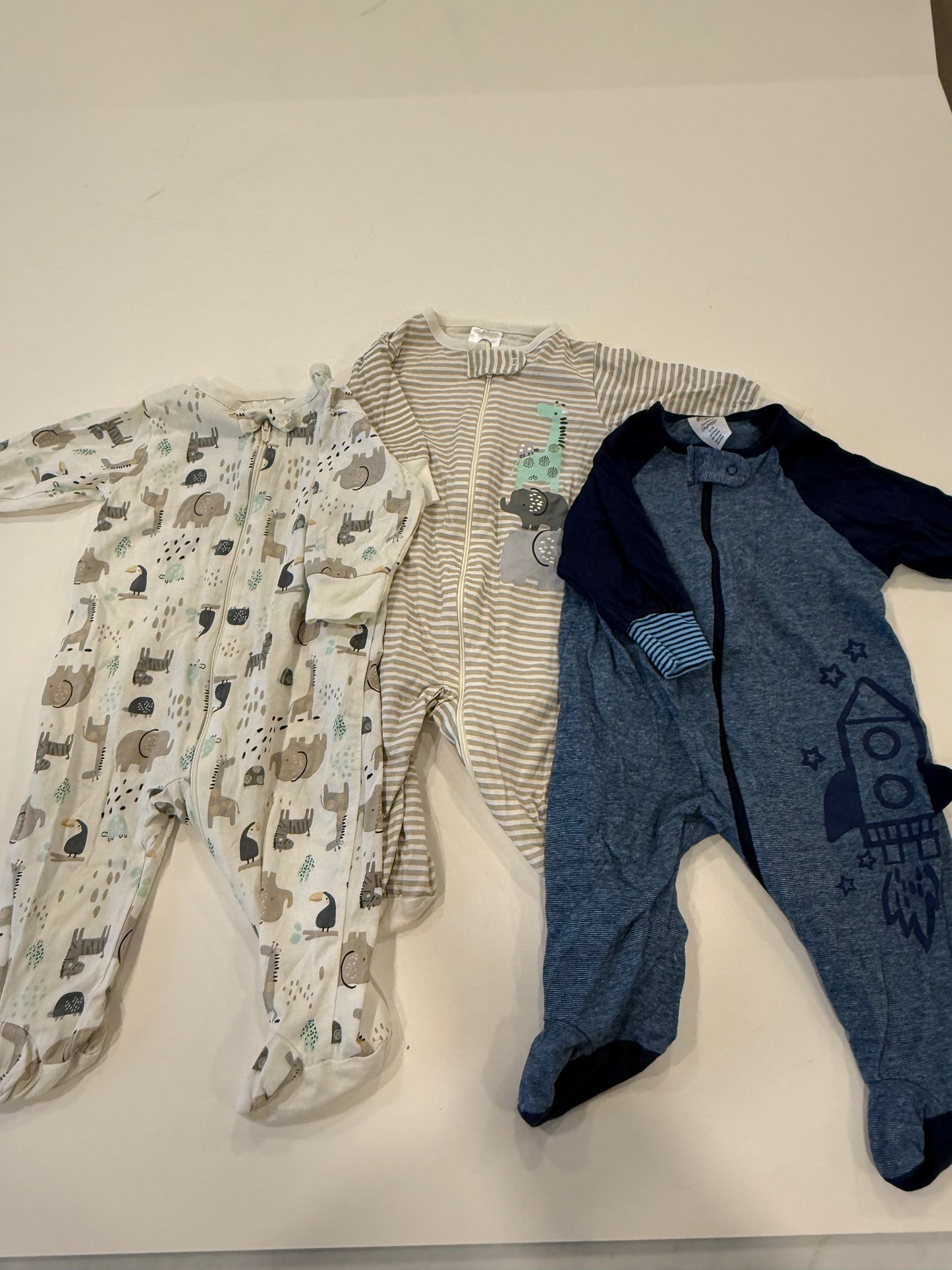 #9 -  Gerber -  3 Zipper Sleep N Plays Beige Animal & Blue Space Infants SIZE  0-3M