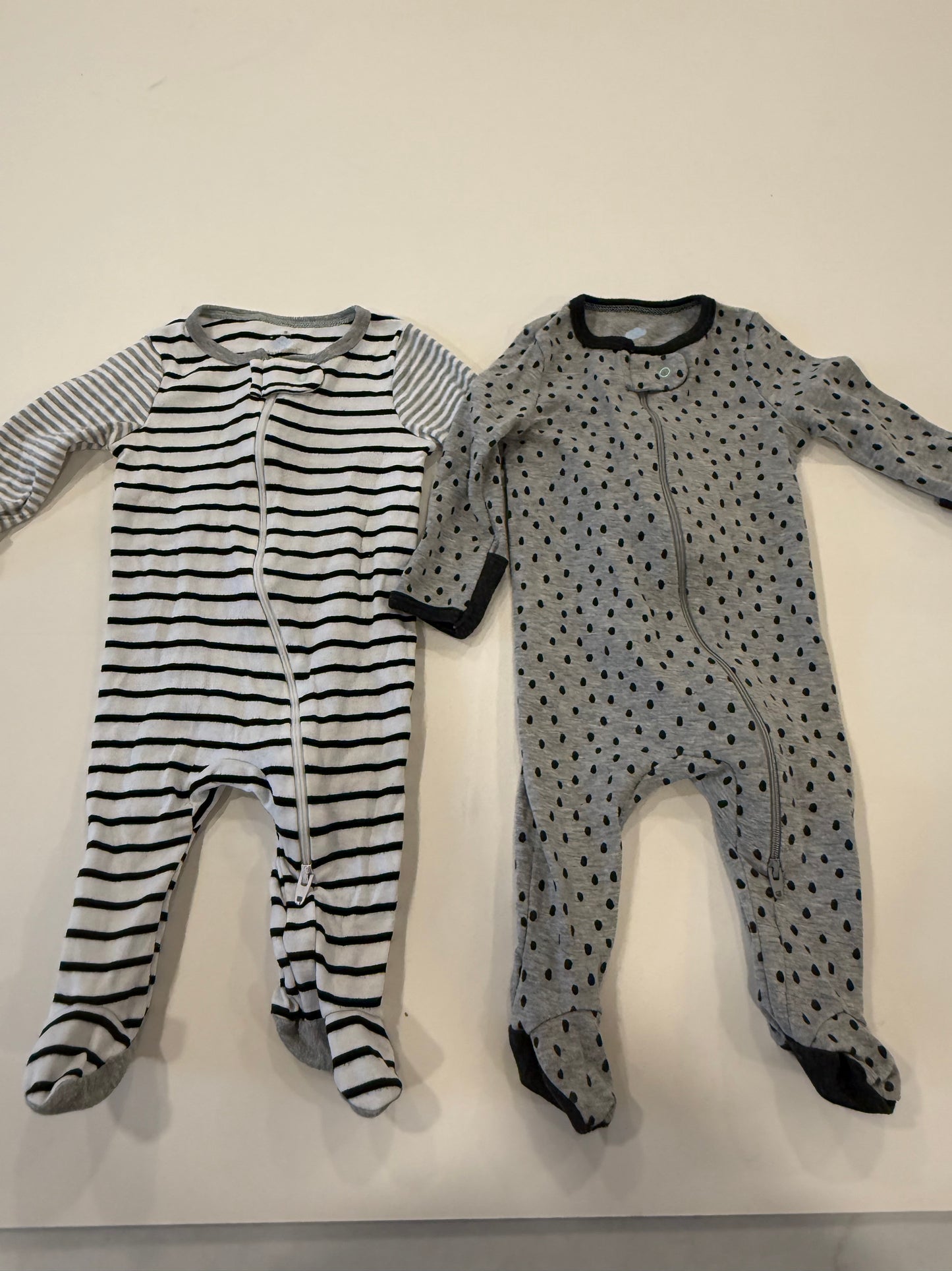 #9 -  Cloud Island -  2 Sleep N Plays Grey/Black Stripes/Dots Infants SIZE  0-3M