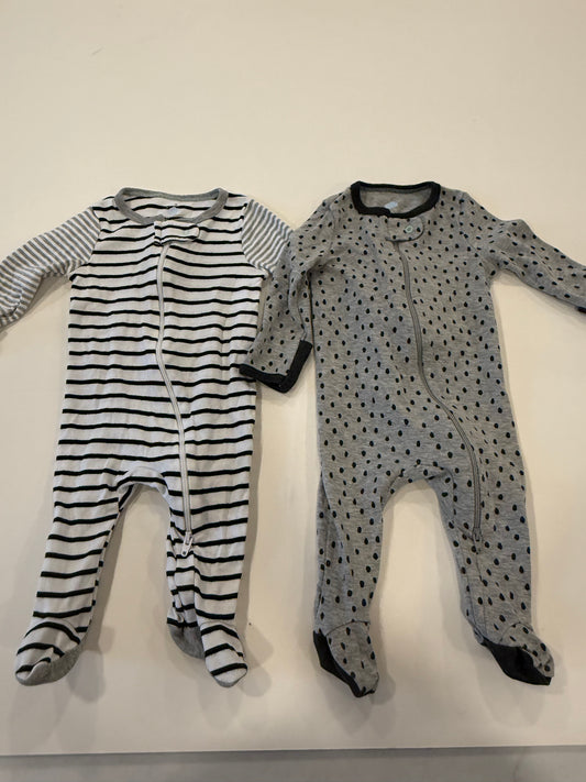 #9 -  Cloud Island -  2 Sleep N Plays Grey/Black Stripes/Dots Infants SIZE  0-3M