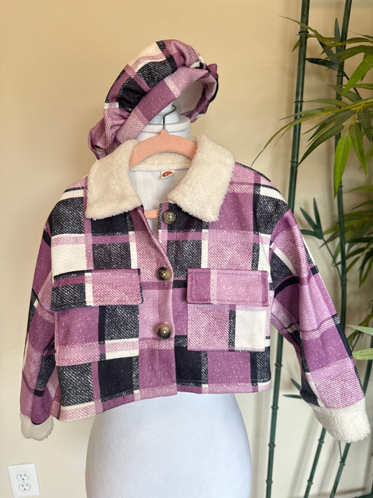 Shein purple/black plaid jacket and hat girls size 5Y