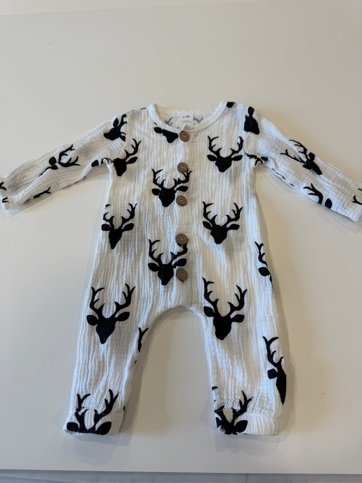 #9 -  Botique -  White Longsleeve Button Down with Deer and Antler Print Infant's SIZE  6-9M REDUCED
