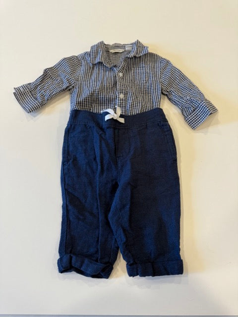 #9 -  Janie &Jack -  Blue Check Button Down Onesie with Navy Pants Infant's SIZE  3-6M/6-12M