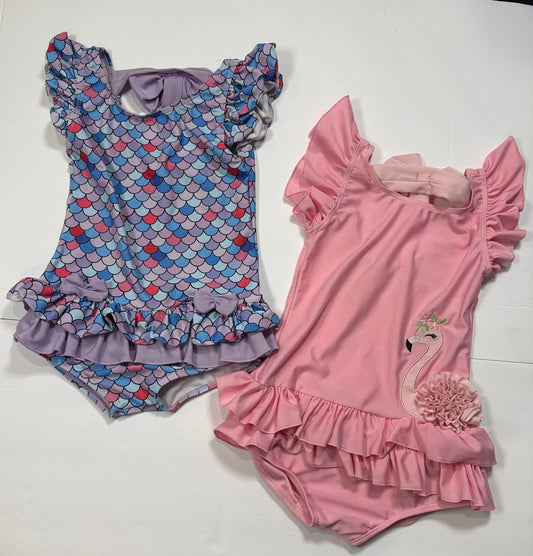 #141 Girls 4Y Set of 2 Ruffleso Flamingo Ruffle Bathing Suit with Bow Back and Mermaid Ruffle Bathing Suit with Bow Detail