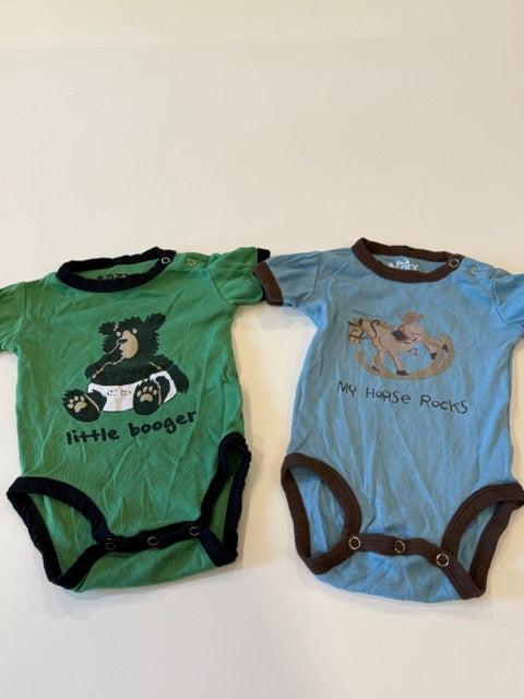 #9 -  Lazy -  Blue/Brown My Horse Rocks & Green/Black Little Booger Bear Onesies Infant's SIZE  6M