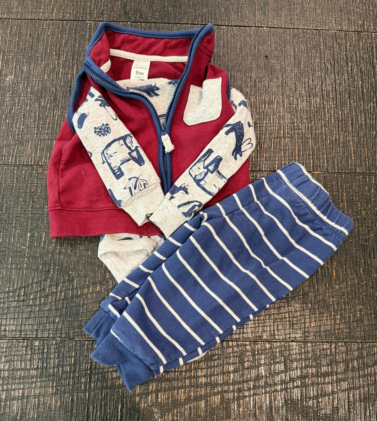 #66 Carters Boys 9M Animal Onesie Pant and Sweater Set