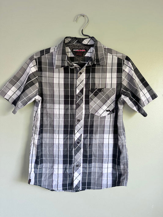 #77 EUC Black/White Plaid Button-Up, Boys 14/16