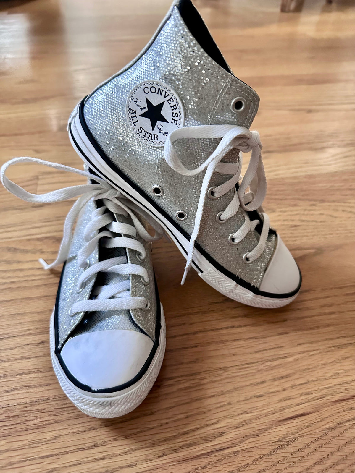 #98- Girls, Converse, Silver Glitter High Top Sneakers- Size 2