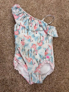 #73 girls flamingo swimsuit, size 6, rufflebutts