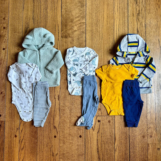 #95 EUC Boys Carter's Just One You Set of 3 Outfits, Blue Dinosaur / Teal Polar Bear / Yellow Stripe, size 6 months