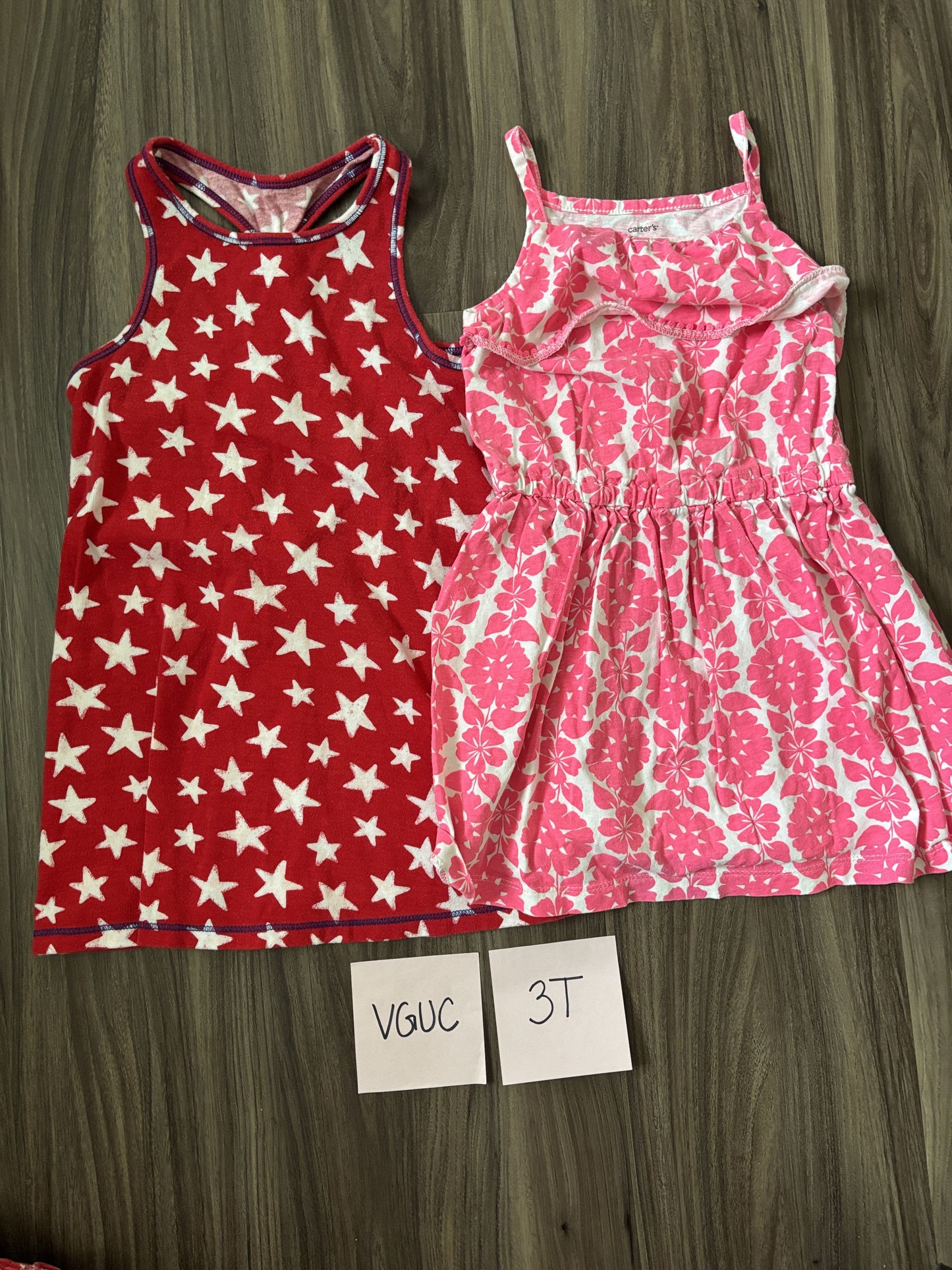 #77 - 3T VGUC 2 tank dresses (Red Stars + Pink Floral)
