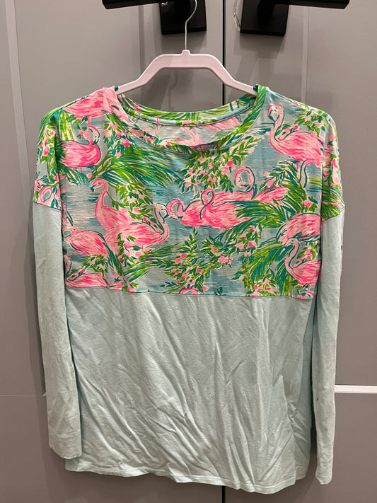137 Lilly Pulitzer long  sleeve turquoise pink flamingo top, size XS, LN
