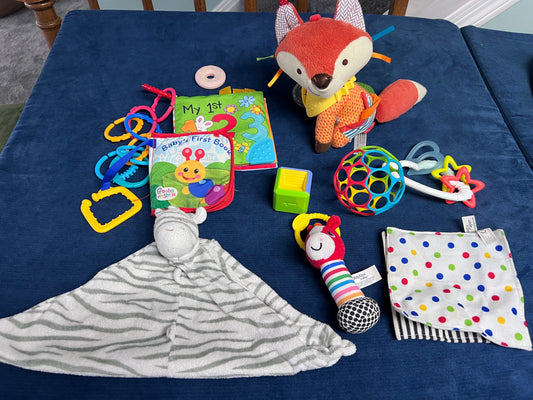 Baby toy bundle: crinkle books, o-ball, zebra lovey, crinkle paper, silicone donut teether, rattles, & Skip Hop fox toy.