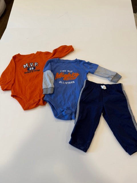#9 -  Carters -  MVP/Allstars Blue & Orange 2 Onesies and Navy Pants Infant's SIZE  6M REDUCED