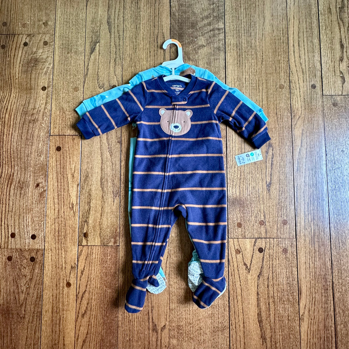 #113	NWT Boys Carters Set of 2 Fleece Sleepers, Teal and Navy Bear / Woodland theme, size 12 months