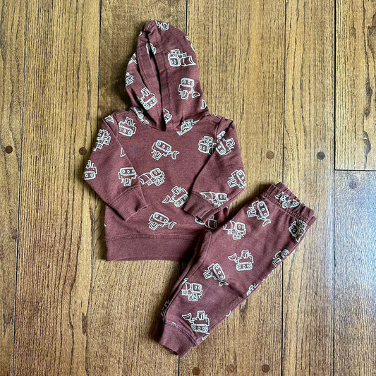 #95 EUC Boys Carters Brown Excavator Sweatshirt and Pants Outfit, size 12 months