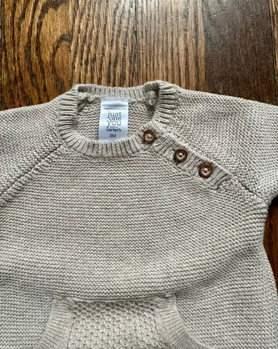 #113	EUC Carter's Just One You Tan Waffle Sweater Romper, size 3 months