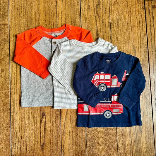 #113	EUC Boys Carters and Jumping Beans Long Sleeve Shirts, set of 3, size 12 months