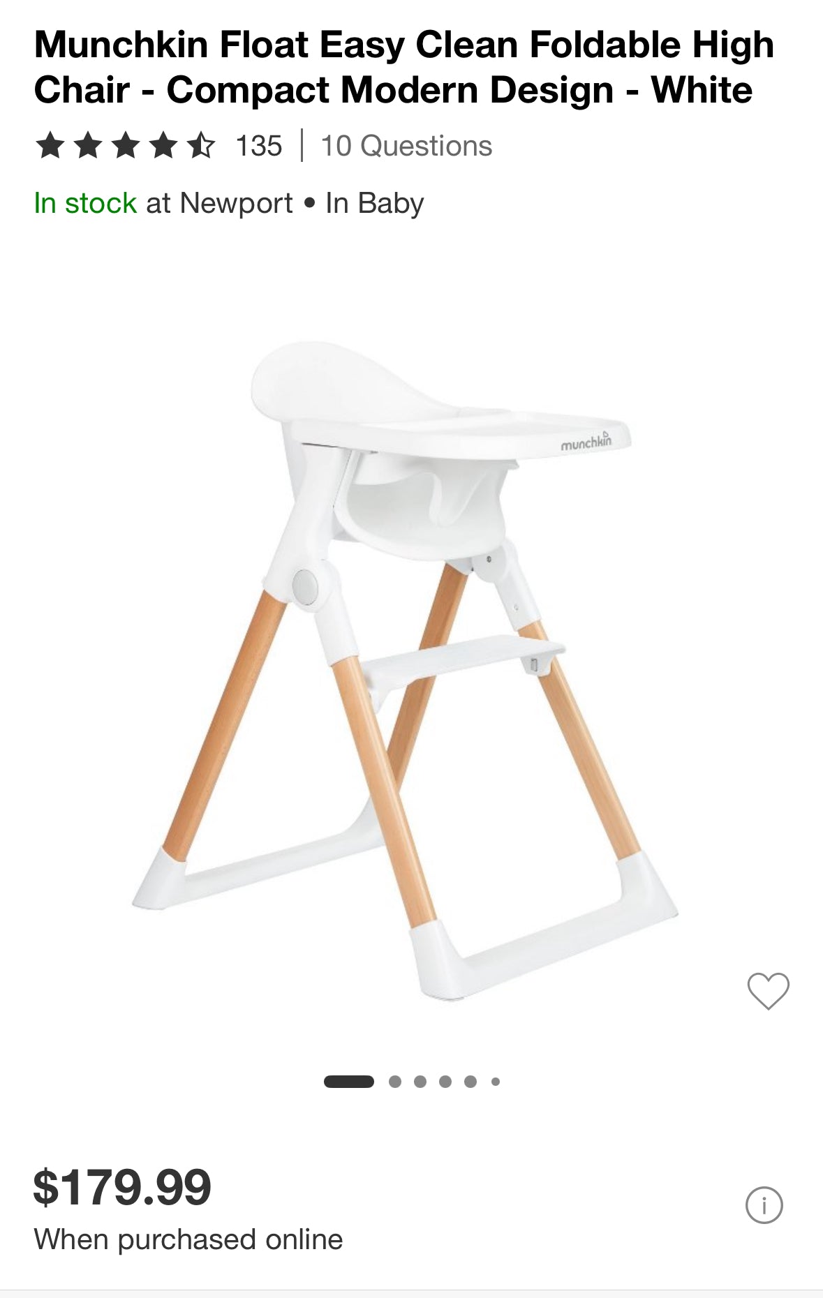 #222 Munchkin Float Easy Clean Foldable High Chair (NIB)