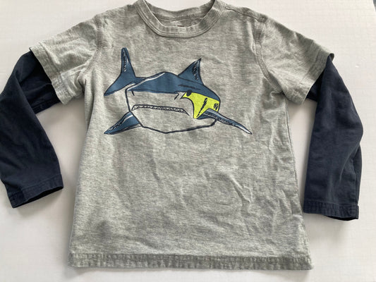 #91 boys' size 7 Tea Collection faux layered long sleeve t-shirt w shark VGUC