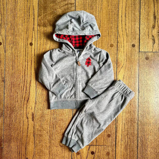 #95 EUC Boys Carters Gray Fleece Christmas Tree Outfit, size 12 months