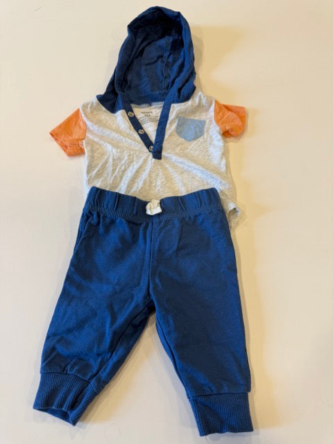 #9 -  carters -  Grey/Blue/Orange Short sleeve Hooded Onesie with Blue Pants Infants SIZE  3M