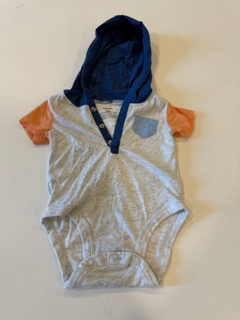 #9 -  carters -  Grey/Blue/Orange Short sleeve Hooded Onesie with Blue Pants Infants SIZE  3M