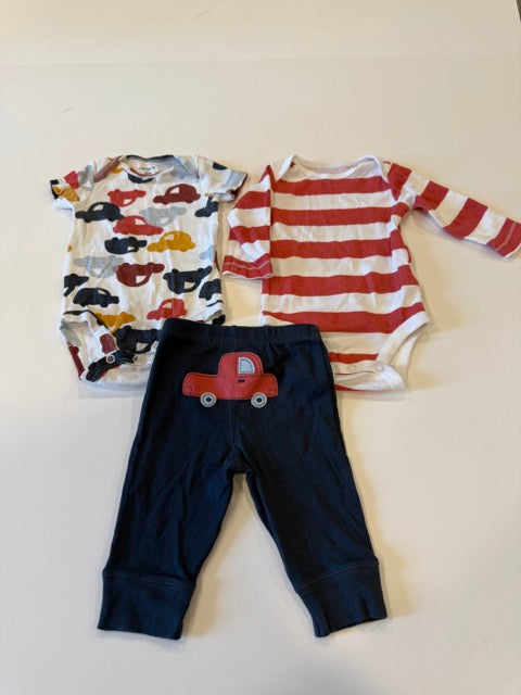 #9 -  Carters -  Red Longsleeve striped onesie and car print shortsleeve onesie with navy pants (car on bum) Infant's SIZE  3M