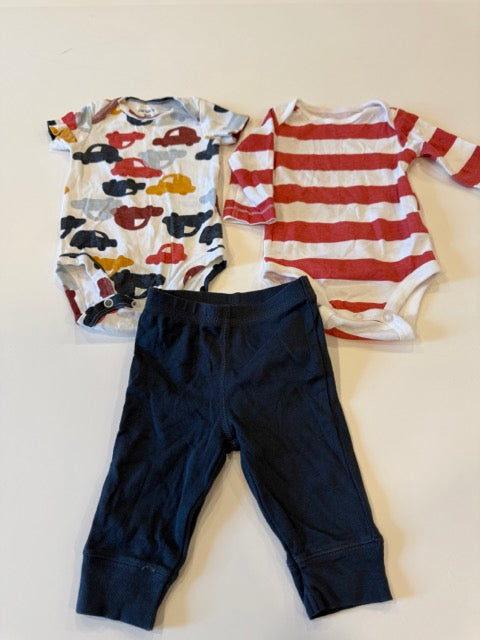 #9 -  Carters -  Red Longsleeve striped onesie and car print shortsleeve onesie with navy pants (car on bum) Infant's SIZE  3M