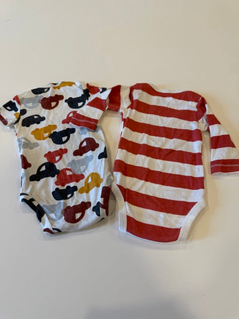 #9 -  Carters -  Red Longsleeve striped onesie and car print shortsleeve onesie with navy pants (car on bum) Infant's SIZE  3M