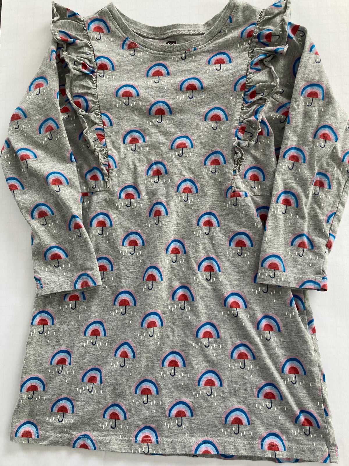 Seller #91 Girls size 6 Tea Collection ruffle A-line dress - grey umbrellas EUC