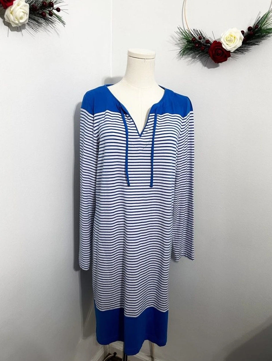 #111 Talbots Blue Striped Dress Pockets DrawString sz Medium