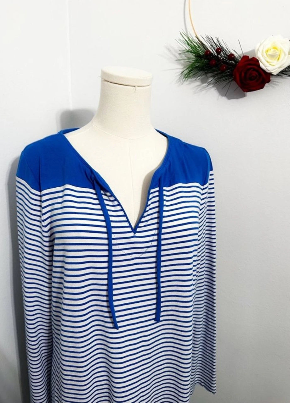 #111 Talbots Blue Striped Dress Pockets DrawString sz Medium