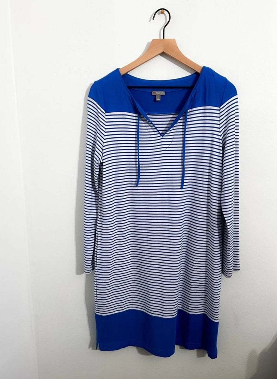 #111 Talbots Blue Striped Dress Pockets DrawString sz Medium