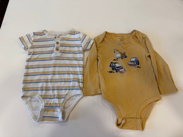 #9 -  Pekkle -  Yellow Longsleeve Construction onesie and striped shortsleeve onesie with light blue and dark blue construction print pants boys SIZE  18M