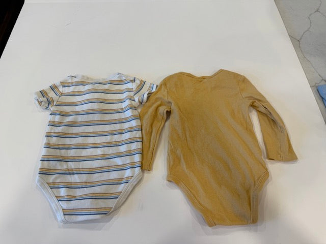 #9 -  Pekkle -  Yellow Longsleeve Construction onesie and striped shortsleeve onesie with light blue and dark blue construction print pants boys SIZE  18M